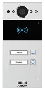 פנל IP/SIP עם שני לחצנים וקורא קרבה; התקנה על הקיר או בשיקוע והזנת 12V DC או PoE. — MEGA 202